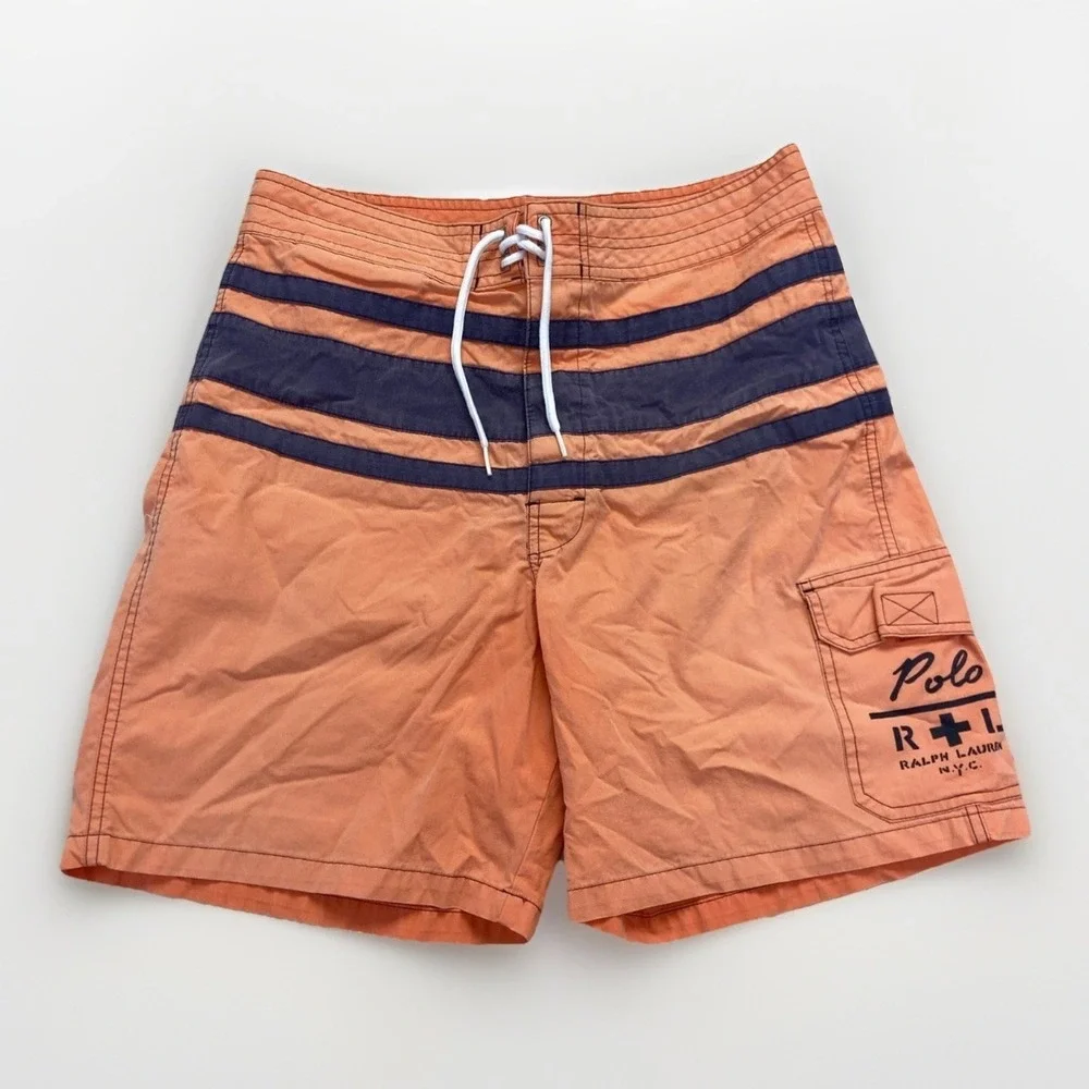 Vintage Polo Ralph Lauren Board Shorts Mens 30 YNC Orange Navy Swim